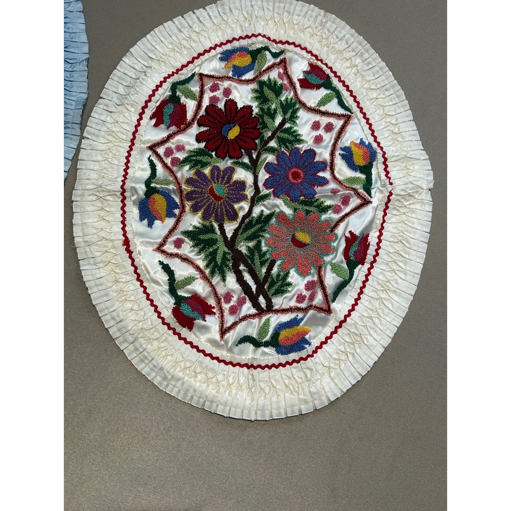 Vintage Hand Embroidered Floral Satin Oval Pillow Covers Set of 2 Ruffle Trim